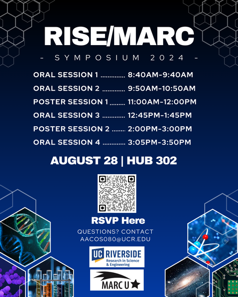 This image is a flyer for the "RISE/MARC Symposium 2024," scheduled for August 28 at HUB 302. The event features multiple sessions, including four oral sessions and two poster sessions, with detailed timings provided. A QR code is included for RSVPs, and contact information is given for further questions. 